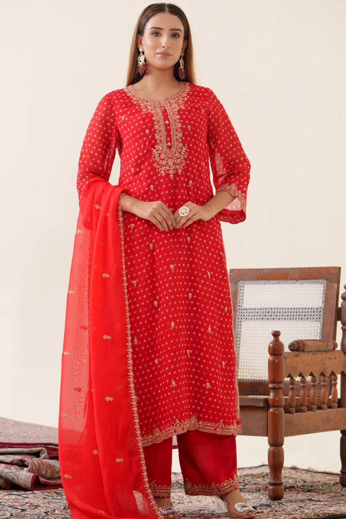 Buy Red Embroidered Organza Suit at PinkPhulkari California