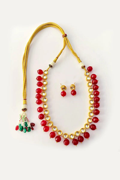 Buy Red Gold Plated Kundan Stone and Pearl Single String Necklace 