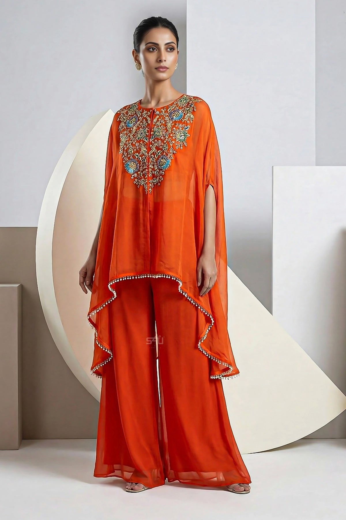 Buy Rust Orange Embroidered Georgette Cape and Palazzo Set Online ...