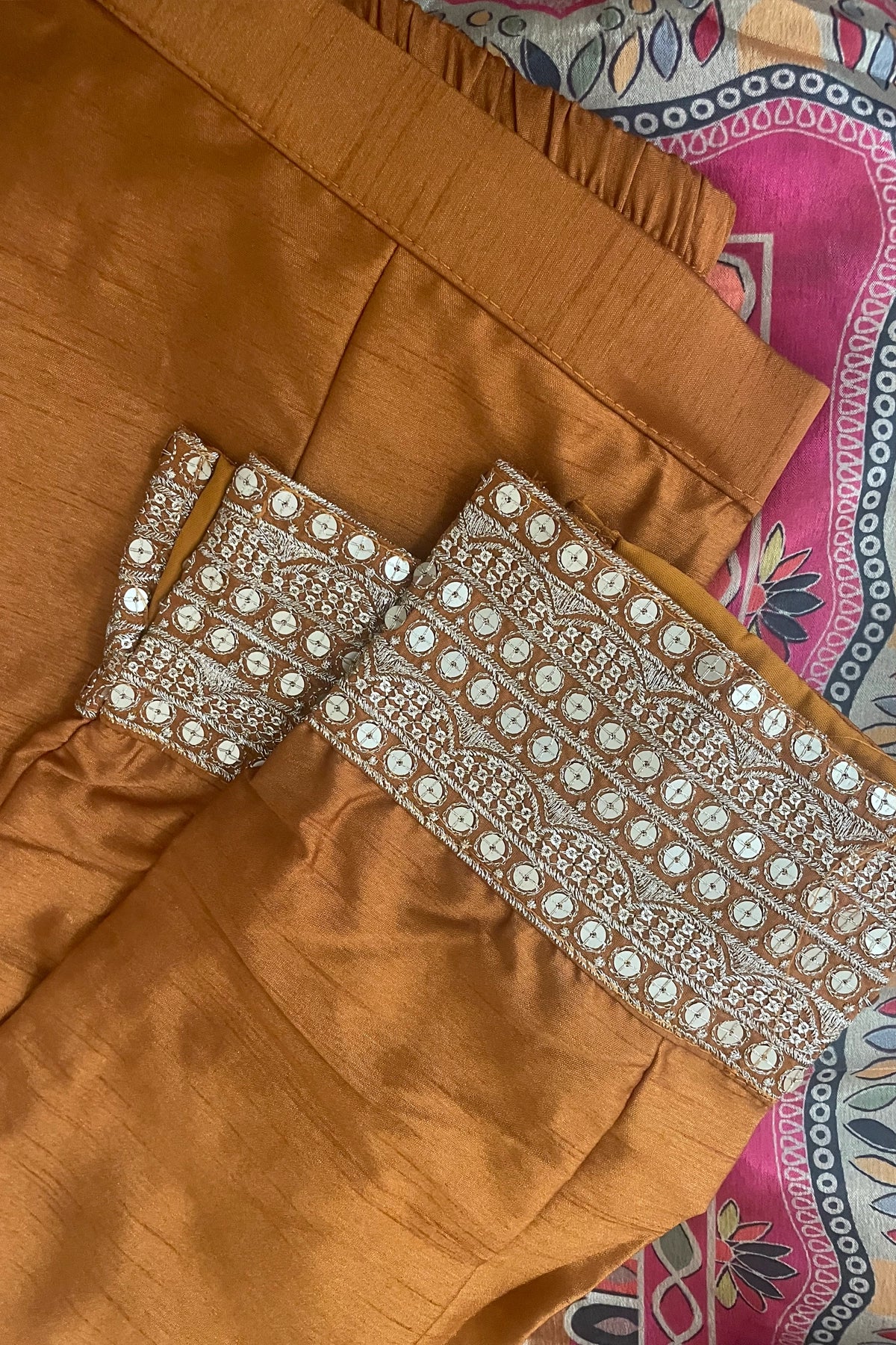 Buy Rust Orange Silk Straight Cut Pant Style Suit at PinkPhulkari 