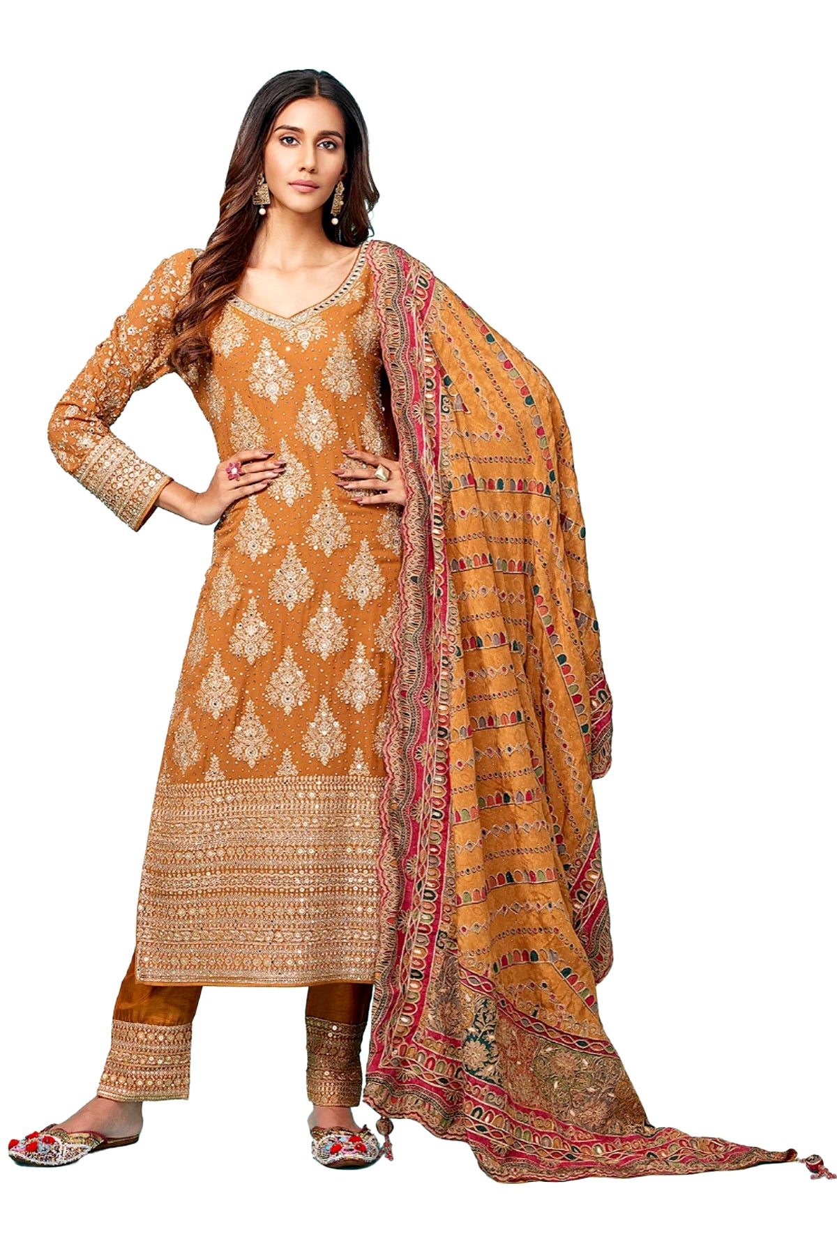 Buy Rust Orange Silk Straight Cut Pant Style Suit at PinkPhulkari 