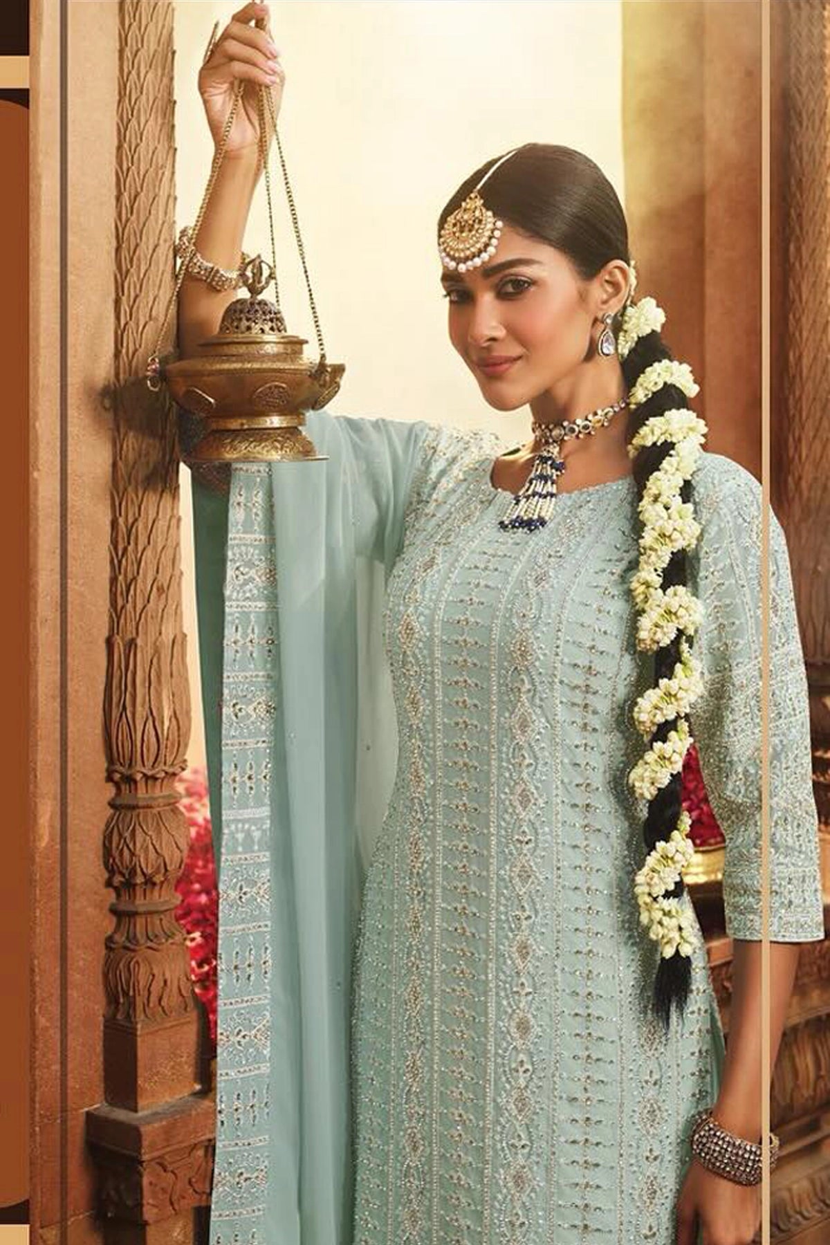 Light Blue Georgette Embroidered Sharara Set