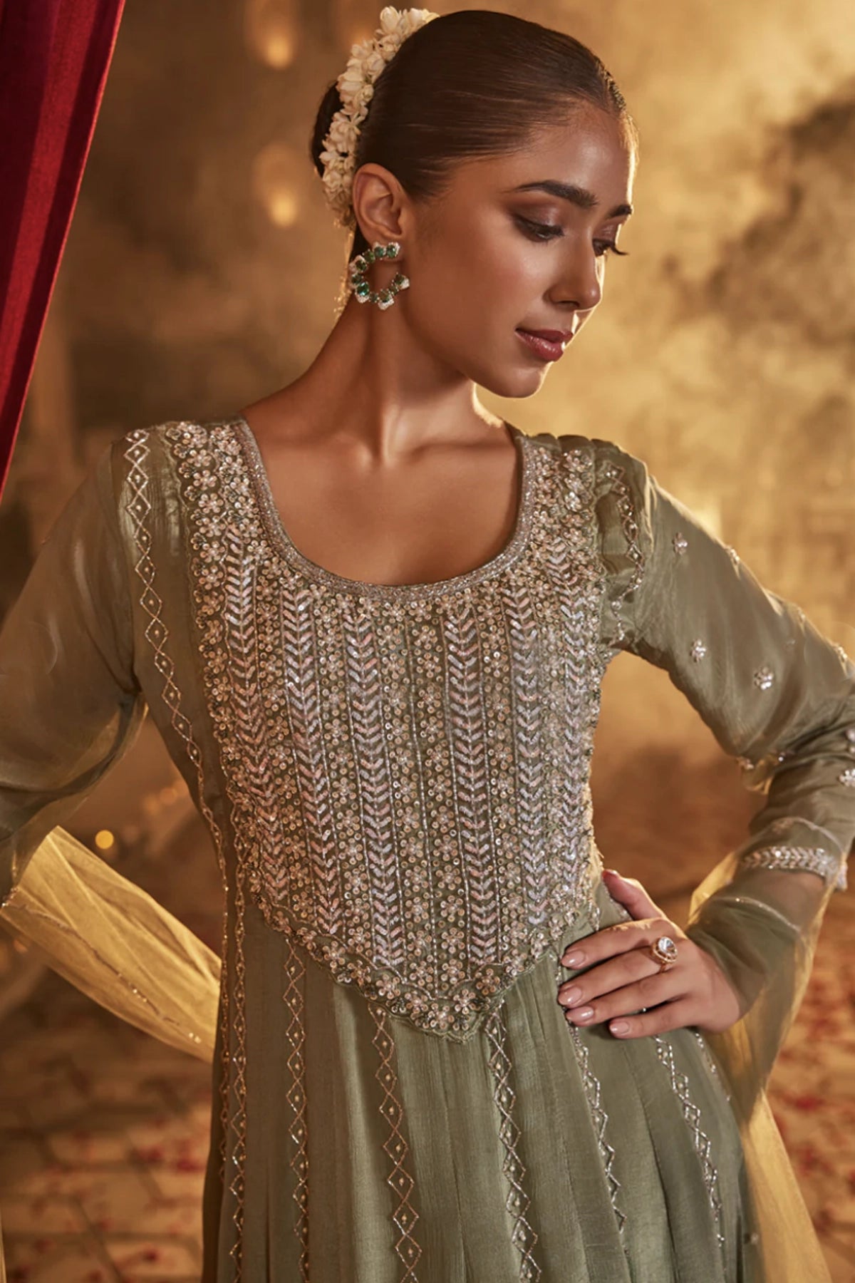 Sage Green Chinon Silk Embellished Anarkali Suit Set at PinkPhulkari