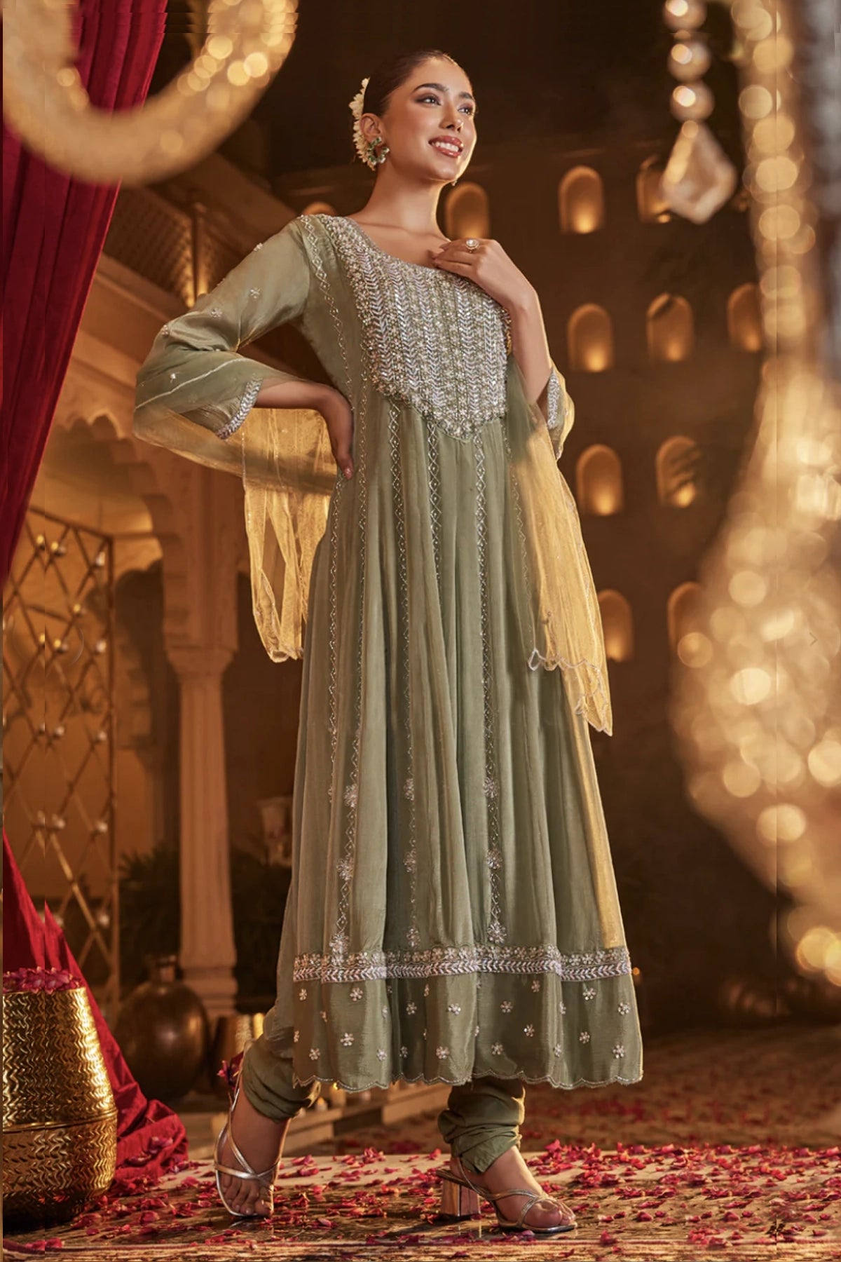 Sage Green Chinon Silk Embellished Anarkali Suit Set at PinkPhulkari