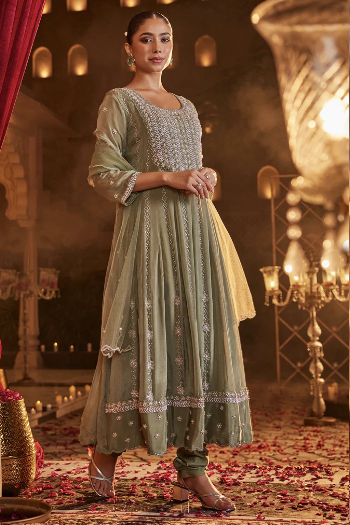 Sage Green Chinon Silk Embellished Anarkali Suit Set at PinkPhulkari