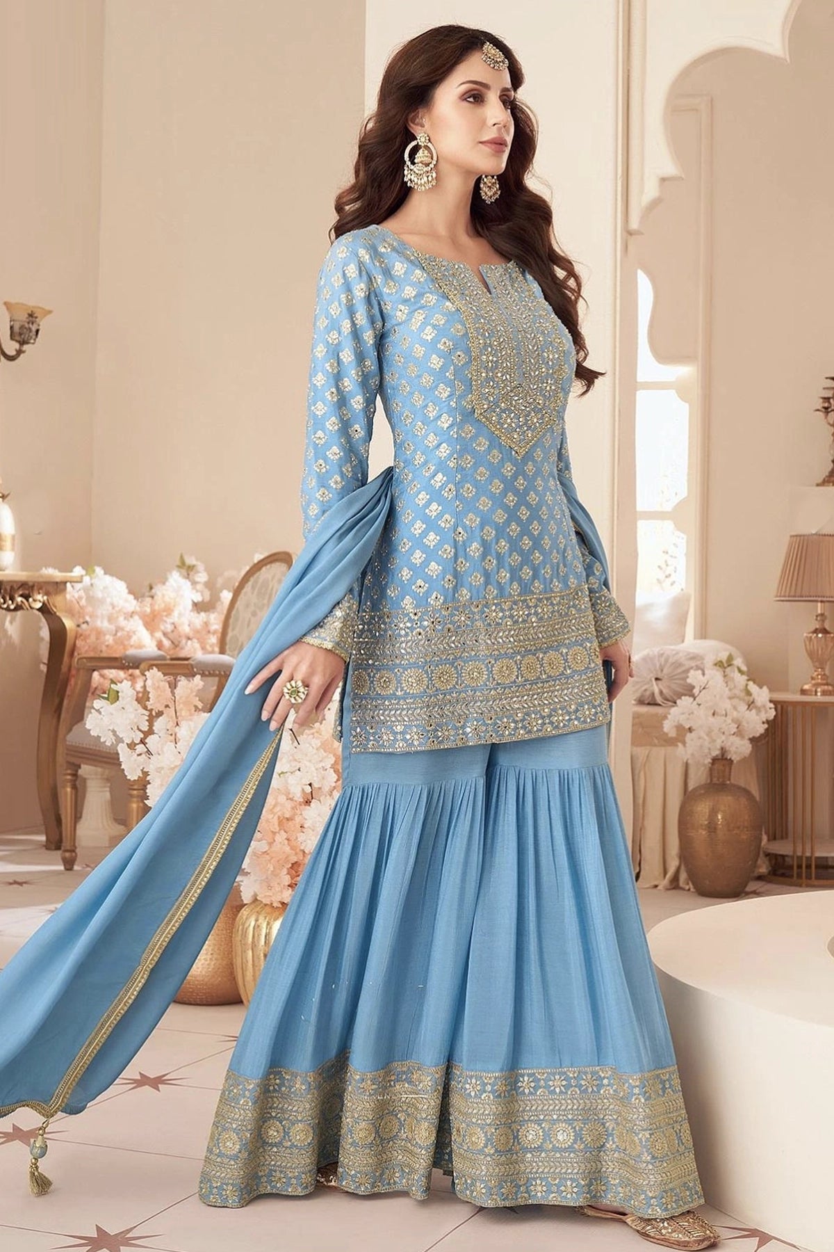 Buy Sky Blue Chinon Silk Gharara Style Suit Set at PinkPhulkari 