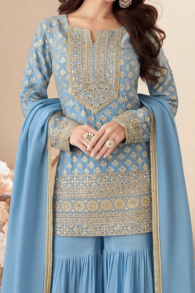 Buy Sky Blue Chinon Silk Gharara Style Suit Set at PinkPhulkari Buy Sky Blue Chinon Silk Gharara Style Suit Set at PinkPhulkari 