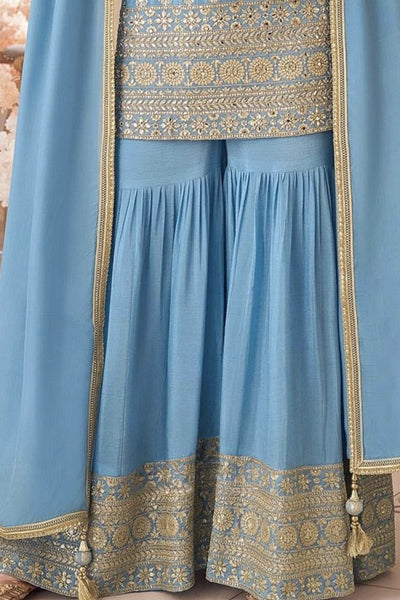 Buy Sky Blue Chinon Silk Gharara Style Suit Set at PinkPhulkari Buy Sky Blue Chinon Silk Gharara Style Suit Set at PinkPhulkari 