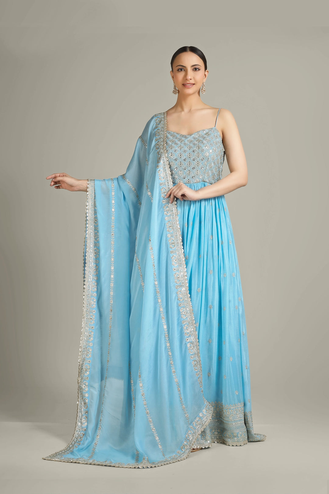 Light Blue Embroidered Chinon Silk Indian & Pakistani Anarkali Dress, Chinon Silk / SkyBlue / XL(42) Light Blue Embroidered Chinon Silk Indian & Pakistani Anarkali Dress, Chinon Silk / SkyBlue / XL(42)