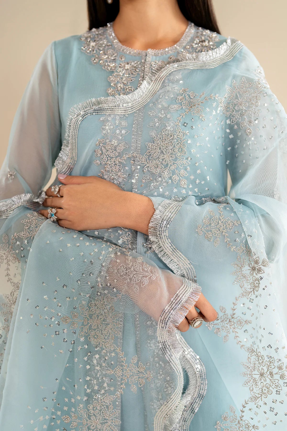 Light Blue Embroidered Chiffon Jacket Style Suit