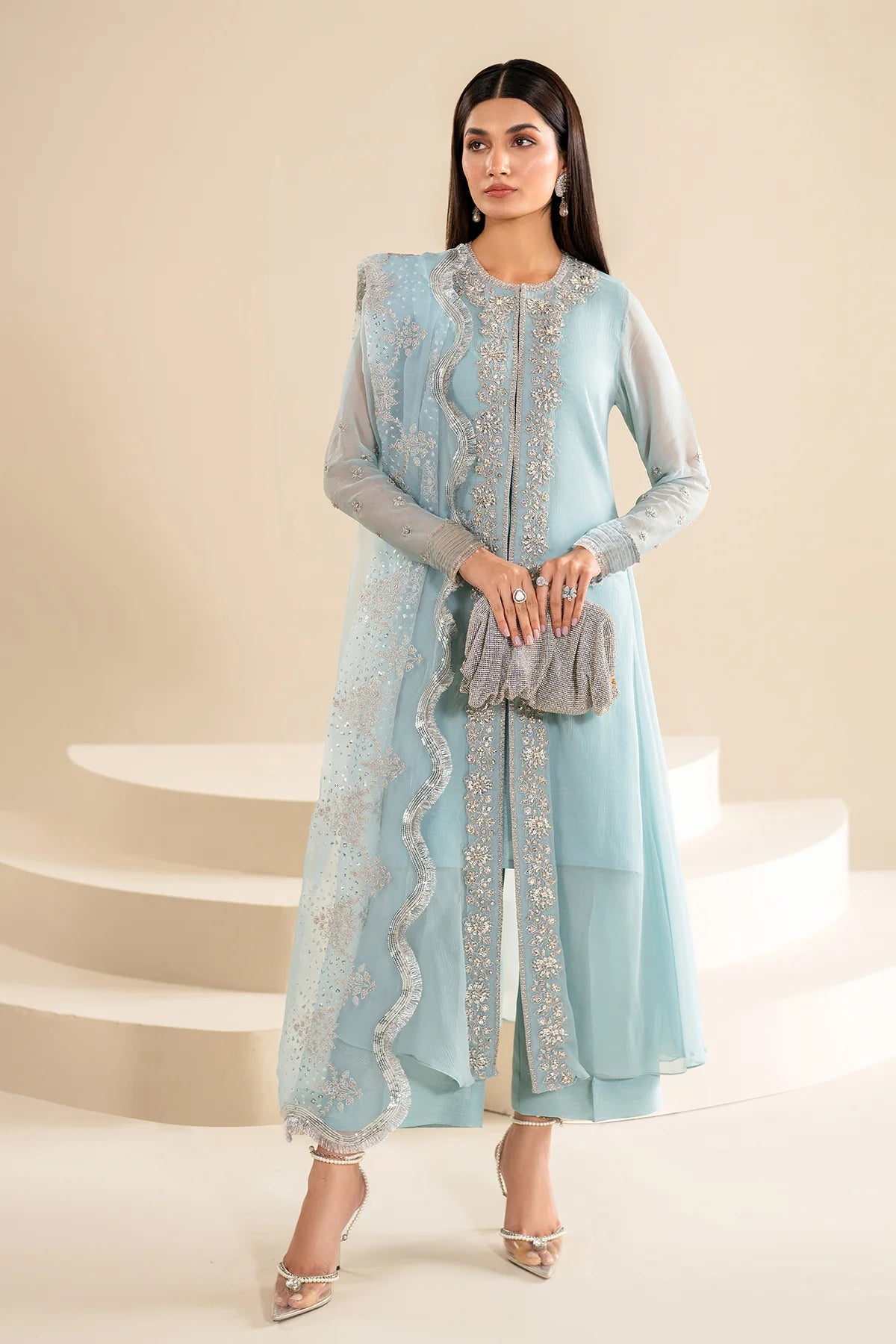 Light Blue Embroidered Chiffon Jacket Style Suit