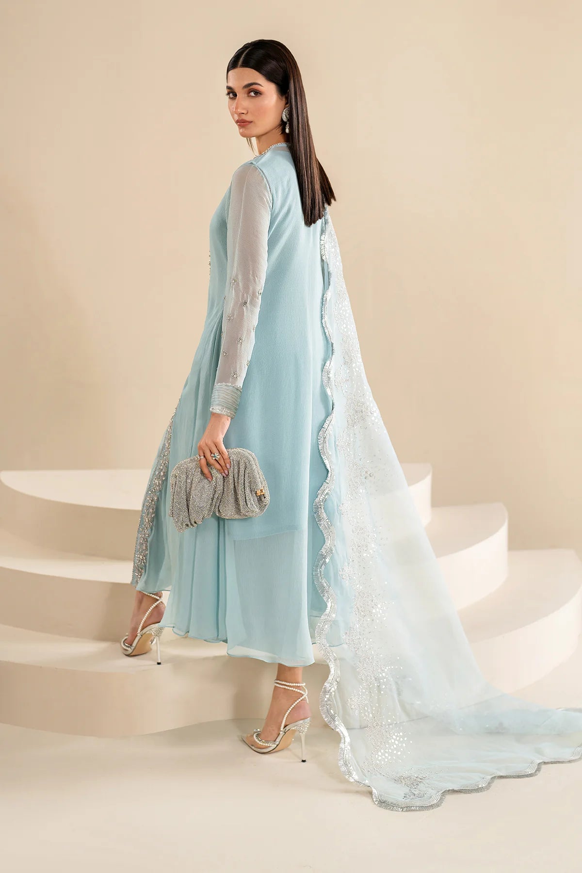 Light Blue Embroidered Chiffon Jacket Style Suit