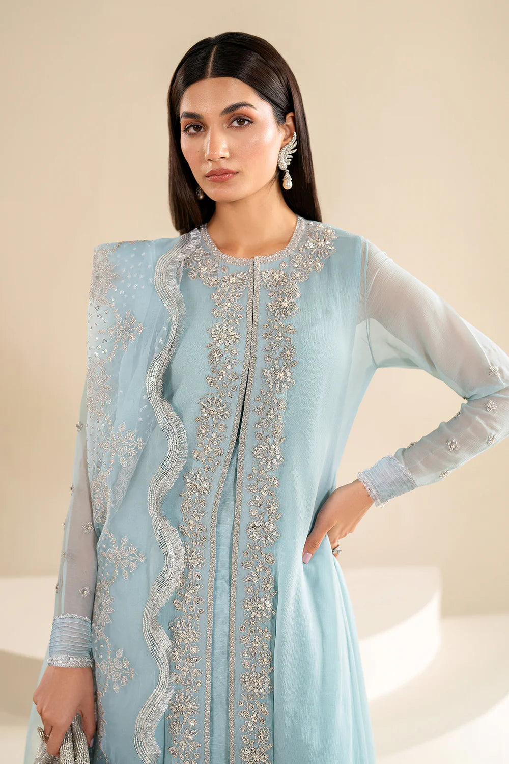 Light Blue Embroidered Chiffon Jacket Style Suit