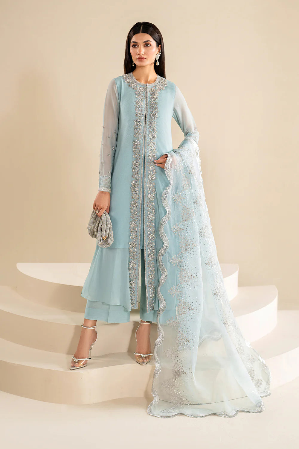 Light Blue Embroidered Chiffon Jacket Style Suit