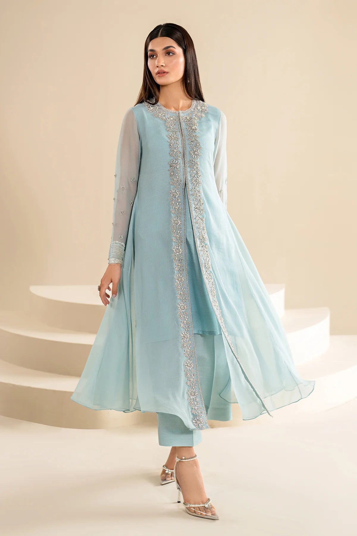 Light Blue Embroidered Chiffon Jacket Style Suit