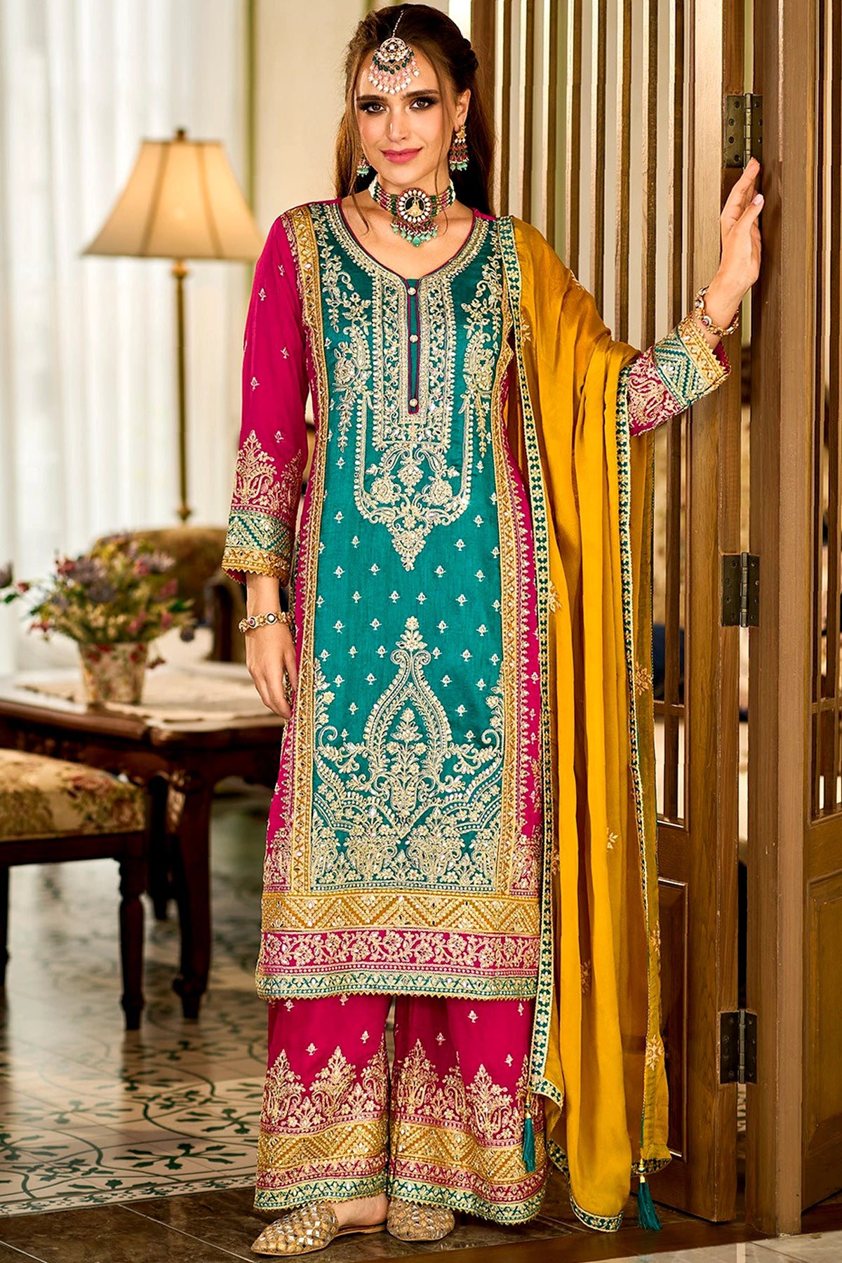 Buy Teal Blue Silk Heavy Embroidered Color Block Traditional Suit ...