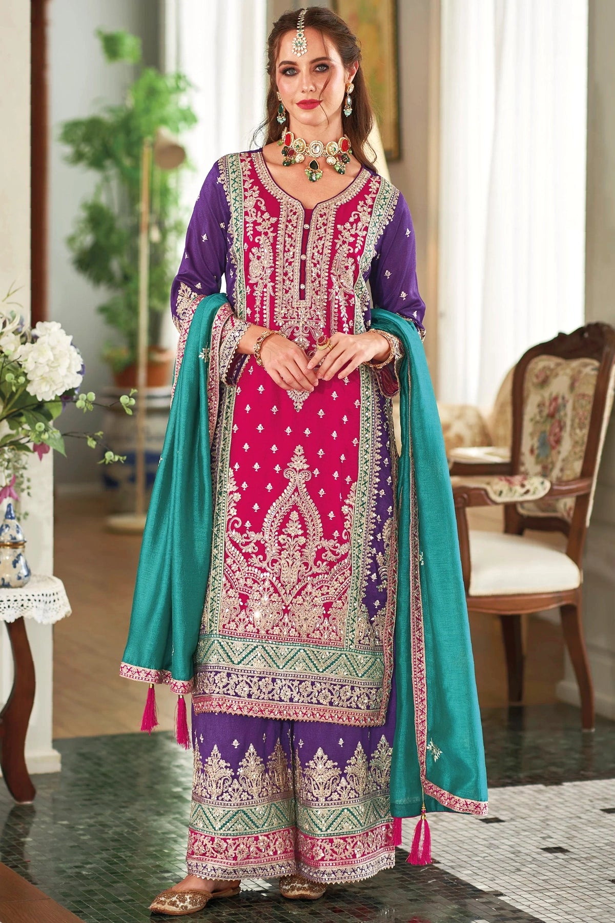 Buy Silk Heavy Embroidered Color Block Traditional Suit Online ...