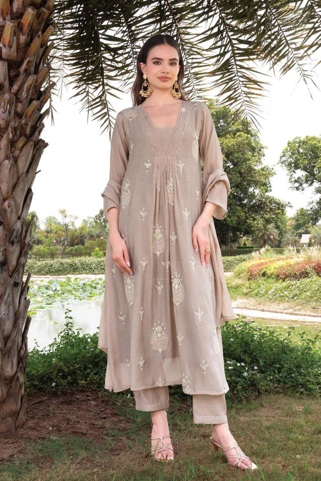 beige anarkali dress Taupe Mul Chanderi Embellished Set Size:US14 - Preorder sophisticated charm to ethnic in_sale_section Showpo Mini LBD Dress