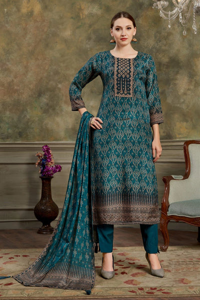  Teal Blue Muslin Silk Embroidered Kurta Set 