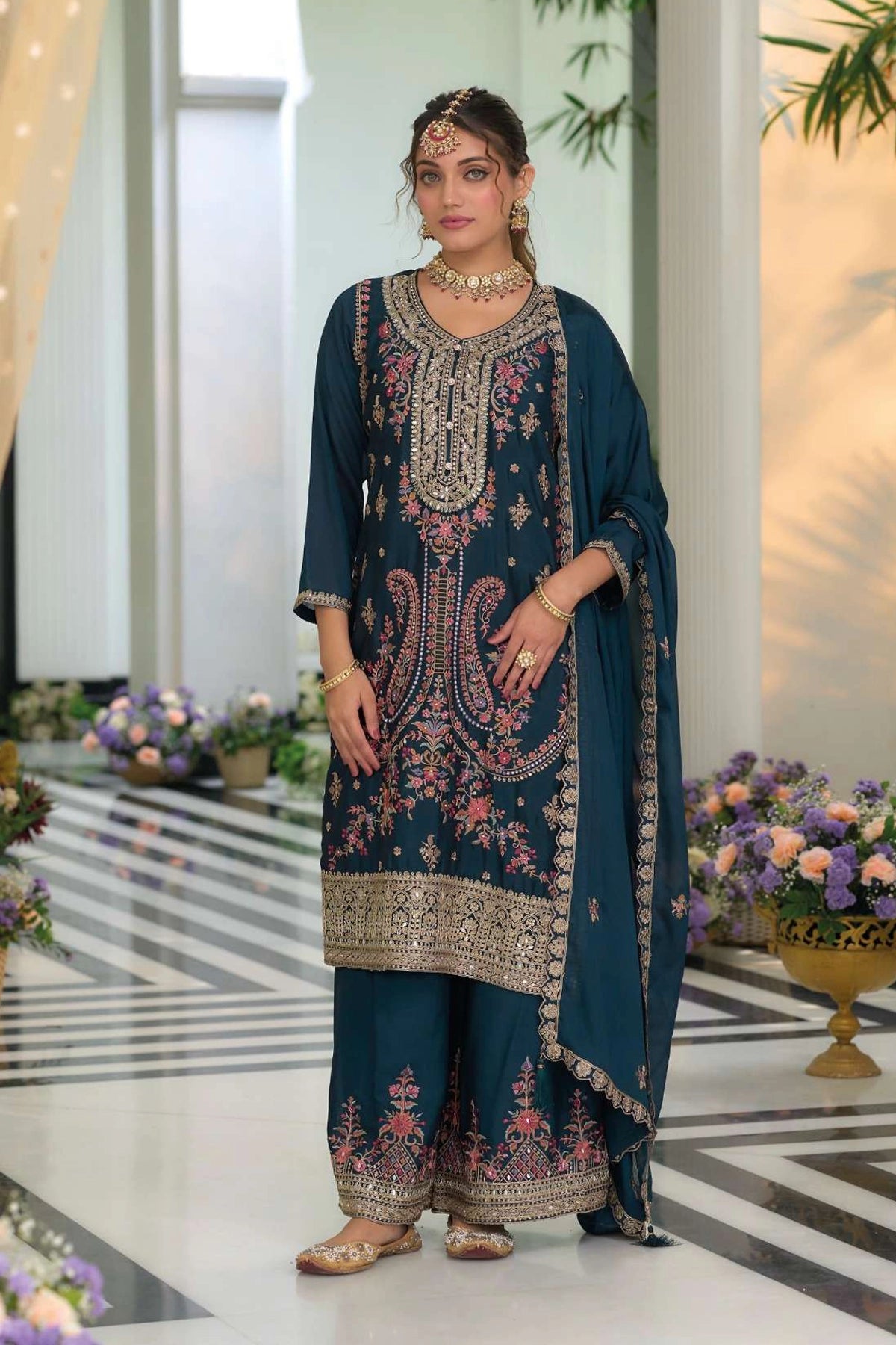 Buy Teal Blue Chinon Silk Embroidered Palazzo Suit at PinkPhulkari 