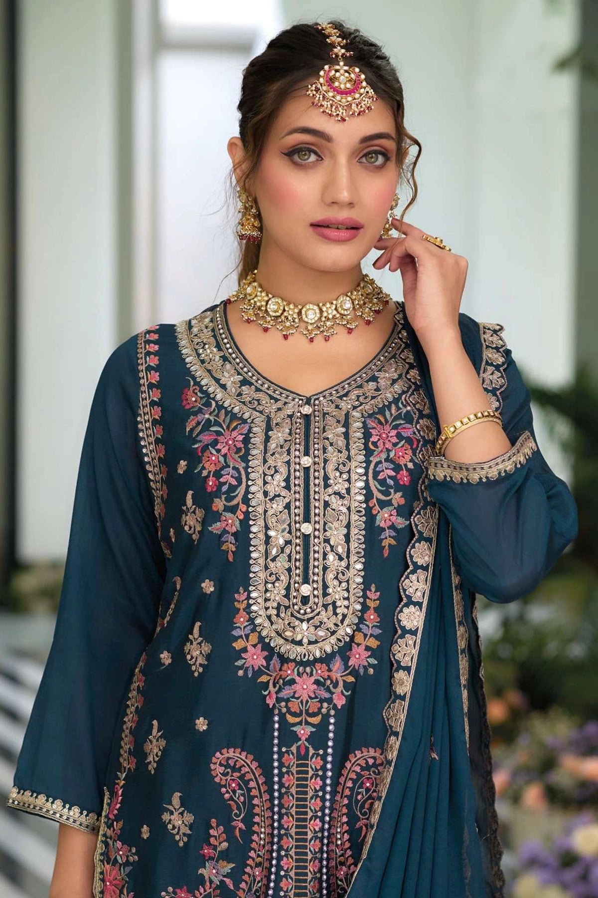 Buy Teal Blue Chinon Silk Embroidered Palazzo Suit at PinkPhulkari 