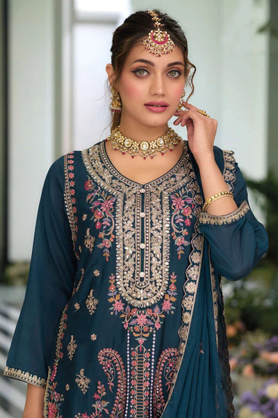 Buy Teal Blue Chinon Silk Embroidered Palazzo Suit at PinkPhulkari Buy Teal Blue Chinon Silk Embroidered Palazzo Suit at PinkPhulkari 