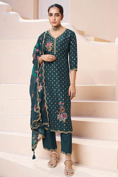  Dark Teal Green Dola Silk Kurta Set with Floral Print Dupatta 