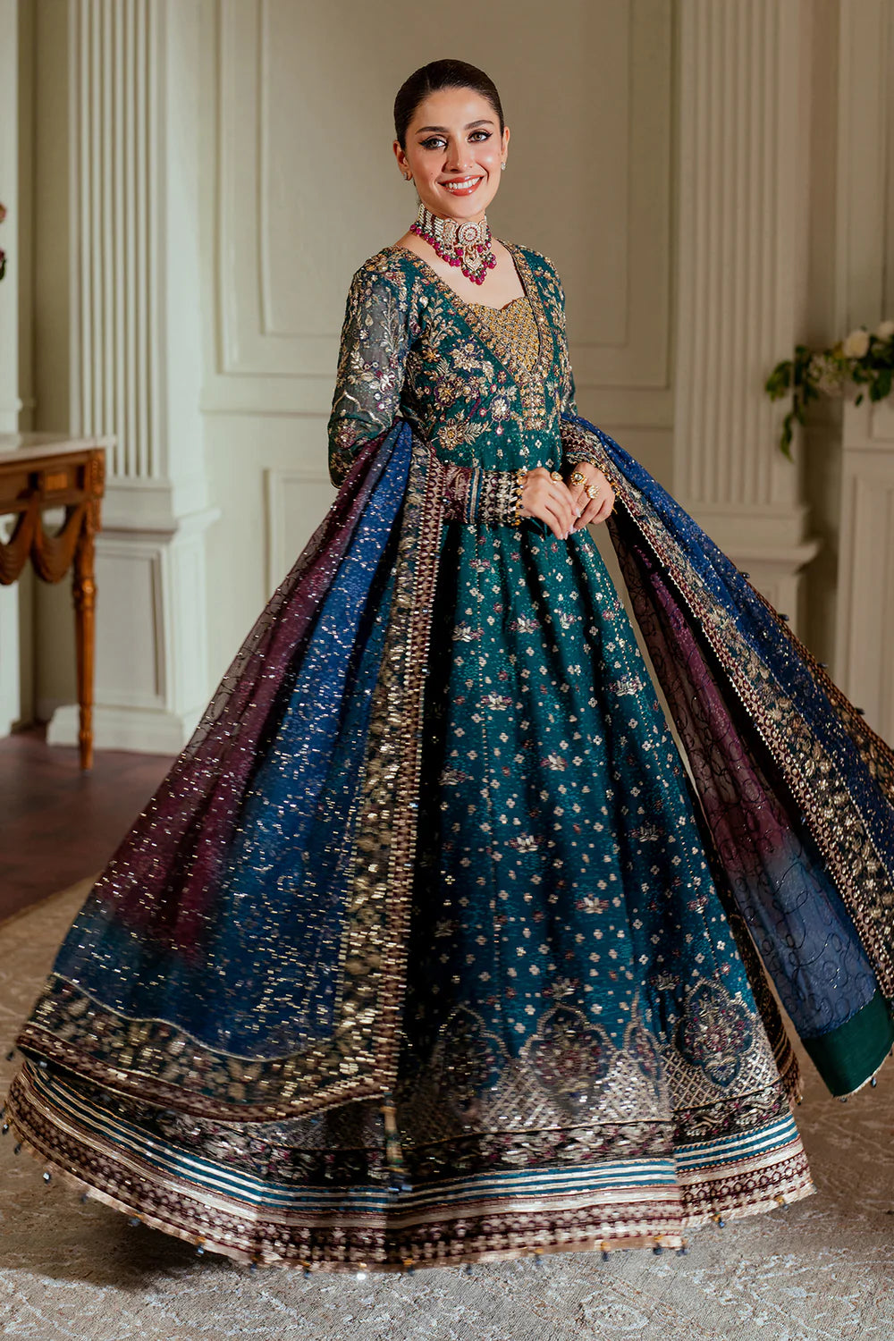 Teal Green Bandhani Print Embroidered Chiffon Anarkali Suit Set