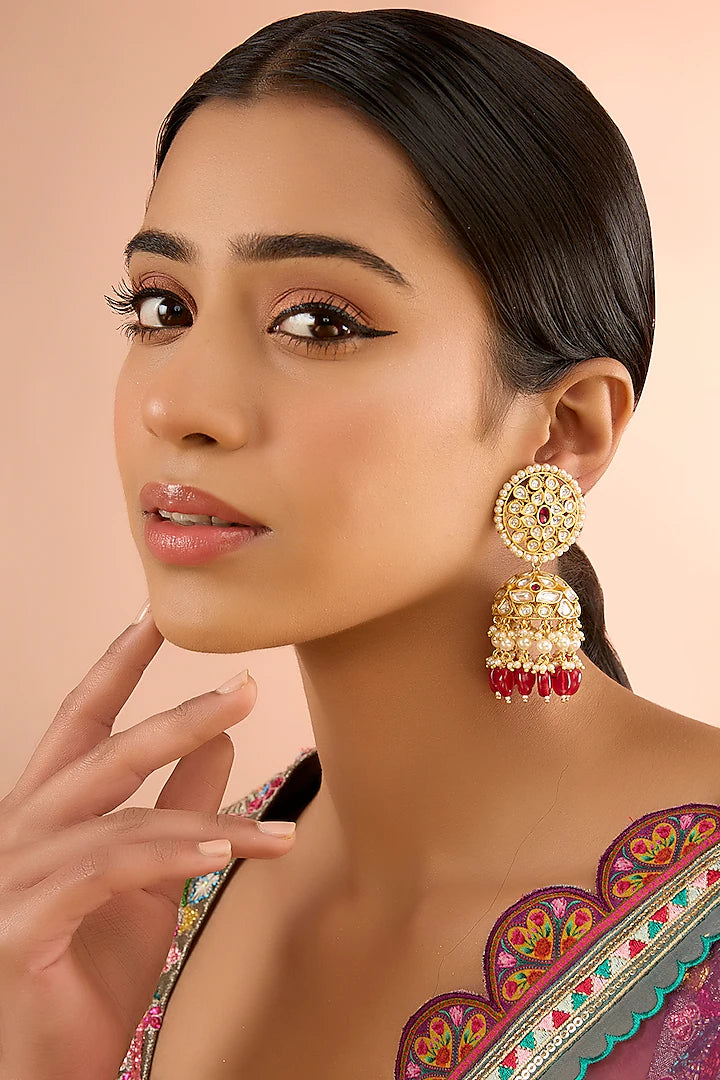 Gold Finish Kundan Polki Jhumka Earrings