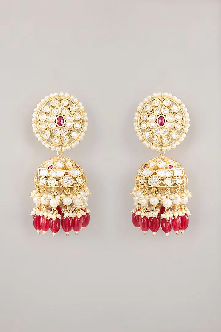 Gold Finish Kundan Polki Jhumka Earrings