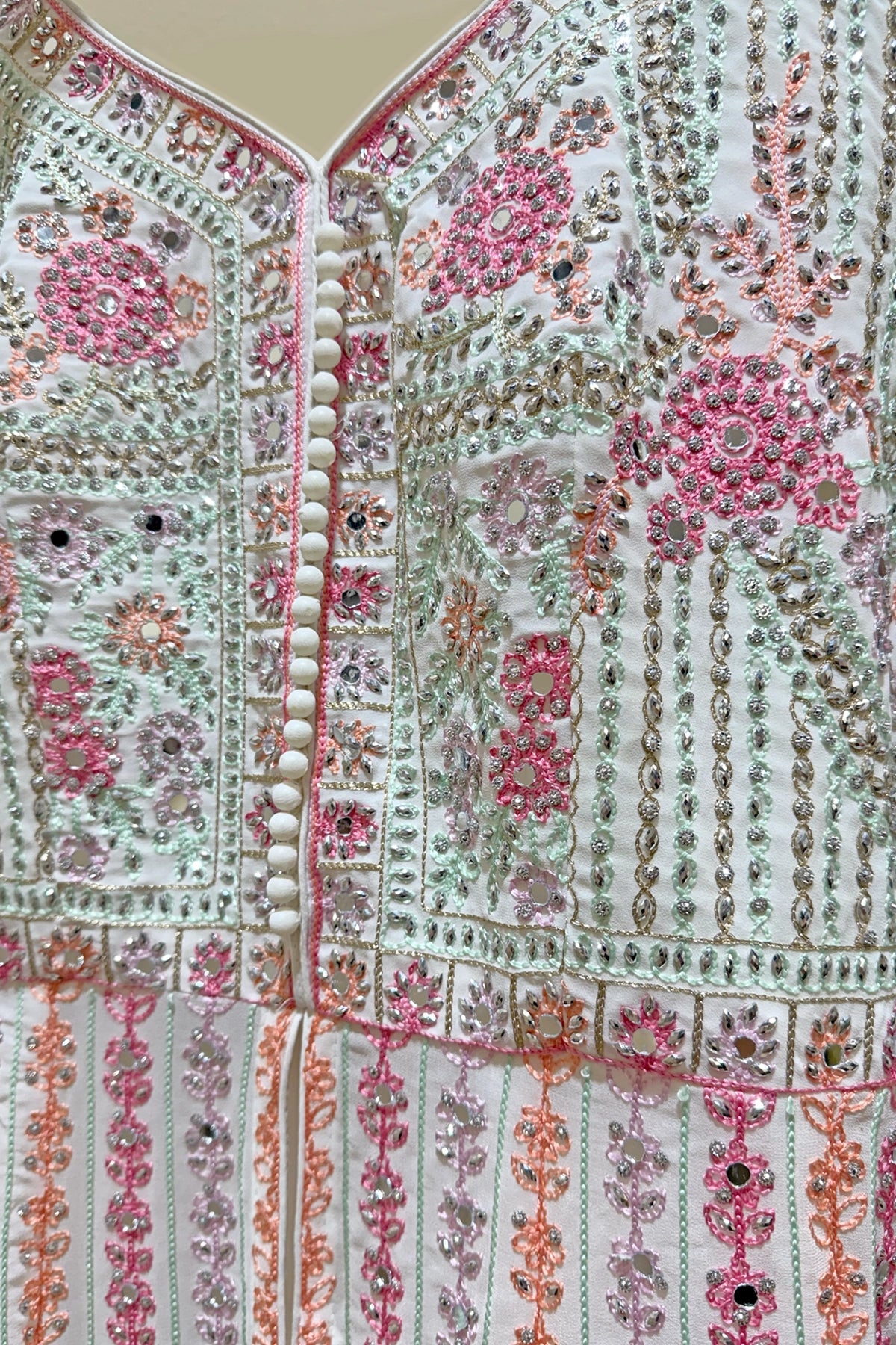 White Georgette Anarkali Suit with Embroidery & Pink Dupatta 