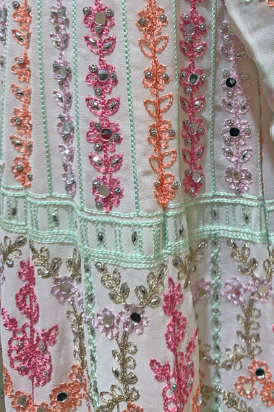 White Georgette Anarkali Suit with Embroidery & Pink Dupatta White Georgette Anarkali Suit with Embroidery & Pink Dupatta 