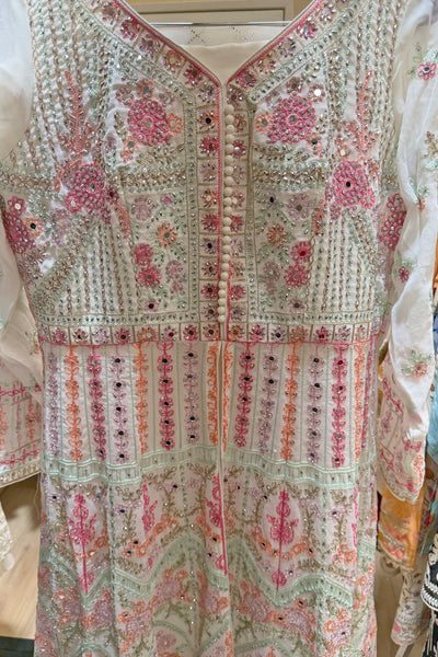 White Georgette Anarkali Suit with Embroidery & Pink Dupatta White Georgette Anarkali Suit with Embroidery & Pink Dupatta 