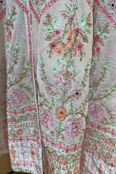 White Georgette Anarkali Suit with Embroidery & Pink Dupatta White Georgette Anarkali Suit with Embroidery & Pink Dupatta 
