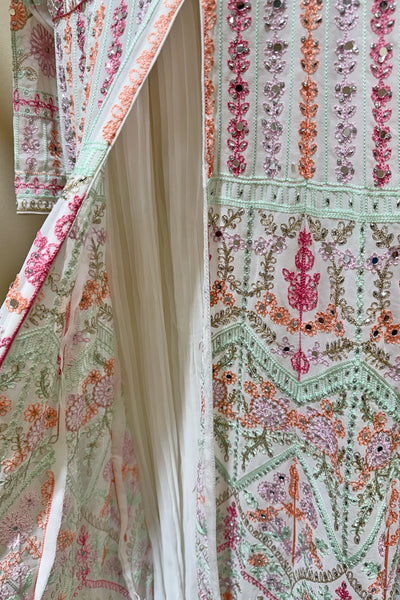 White Georgette Anarkali Suit with Embroidery & Pink Dupatta White Georgette Anarkali Suit with Embroidery & Pink Dupatta 