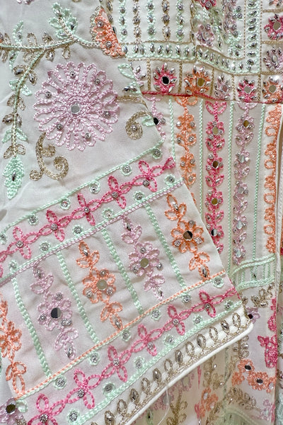 White Georgette Anarkali Suit with Embroidery & Pink Dupatta White Georgette Anarkali Suit with Embroidery & Pink Dupatta 