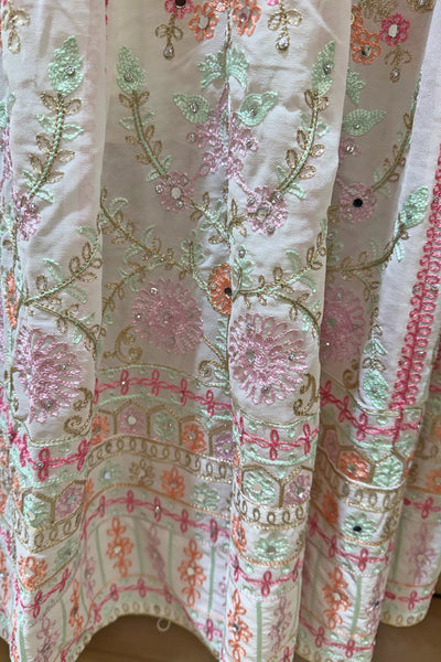 White Georgette Anarkali Suit with Embroidery & Pink Dupatta White Georgette Anarkali Suit with Embroidery & Pink Dupatta 