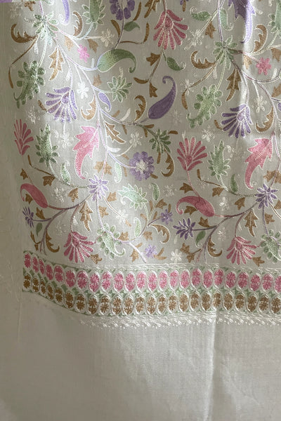 Ivory Kashmiri Pashmina Fine Wool Ari Work Shawl at PinkPhulkari Ivory Kashmiri Pashmina Fine Wool Ari Work Shawl at PinkPhulkari 