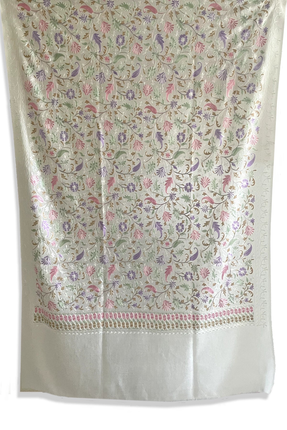 Ivory Kashmiri Pashmina Fine Wool Ari Work Shawl at PinkPhulkari 