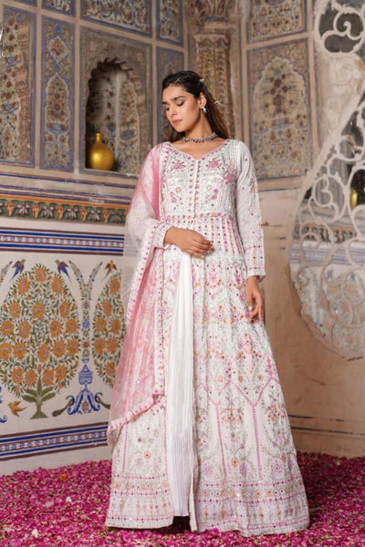 White Georgette Anarkali Suit with Embroidery & Pink Dupatta 