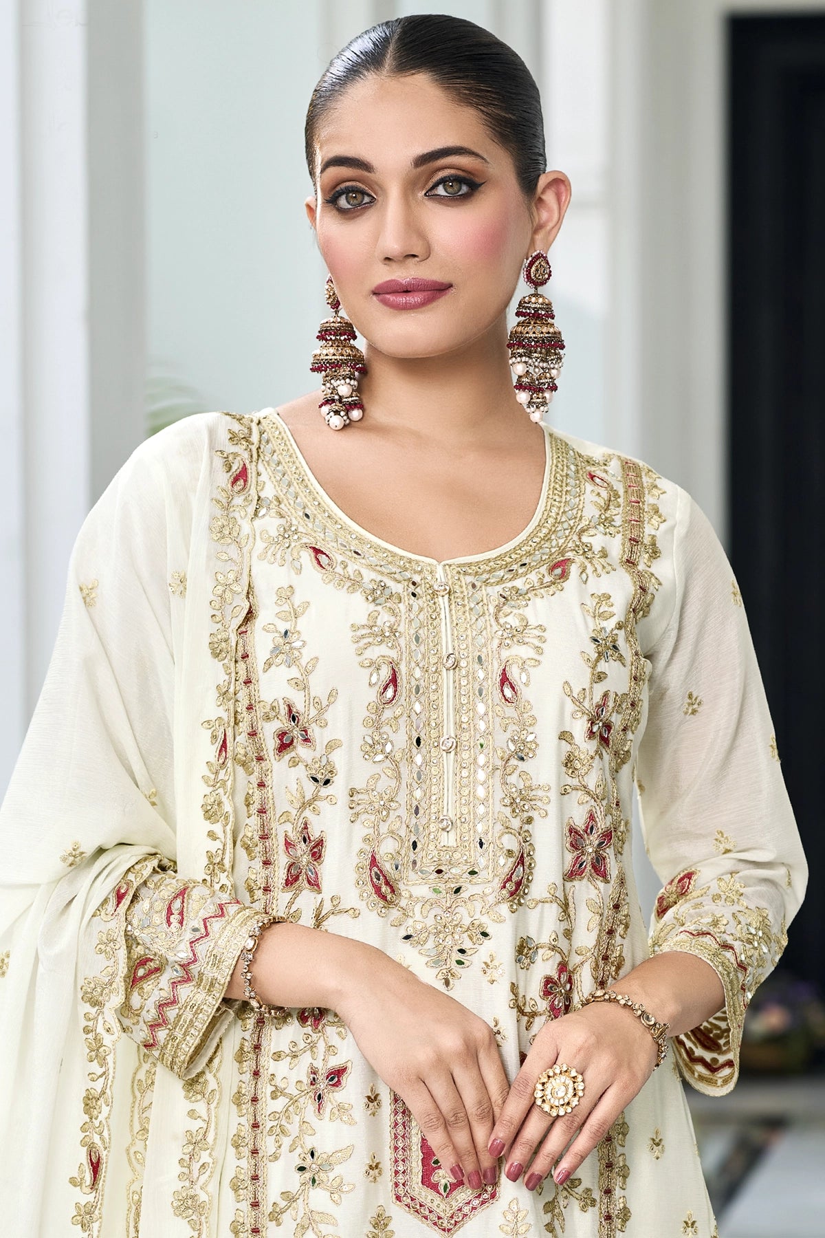 Off White Embellished Chinon Silk Palazzo Suit Set at PinkPhulkari 