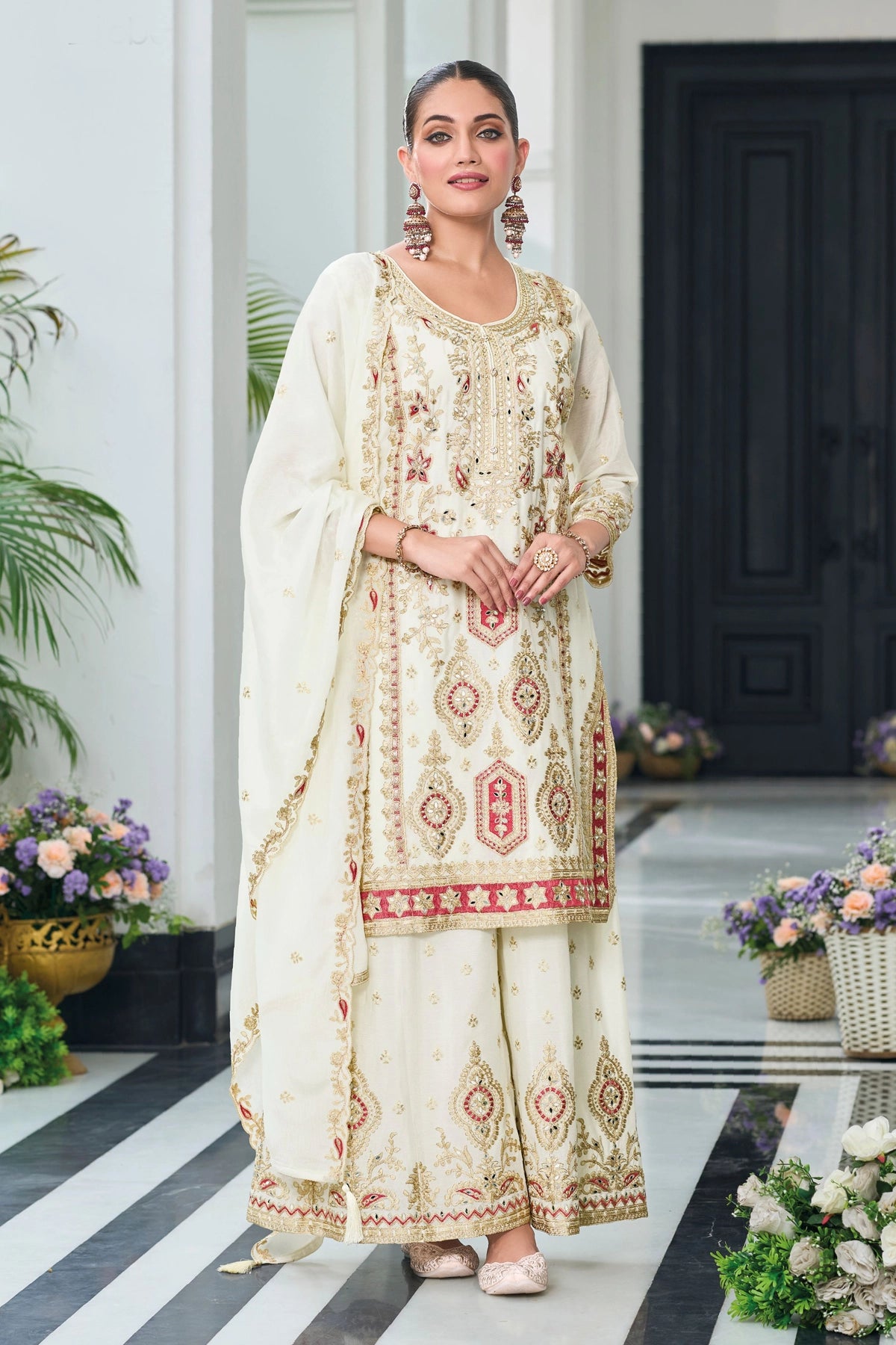 Off White Embellished Chinon Silk Palazzo Suit Set at PinkPhulkari 