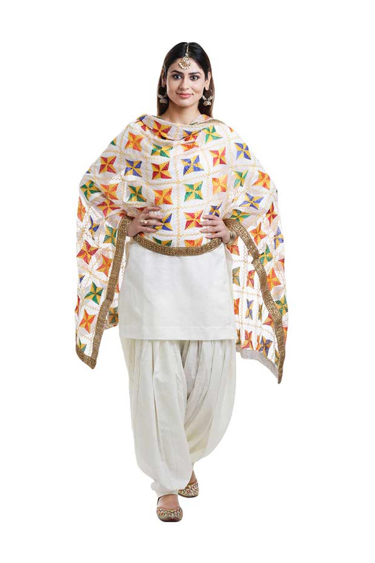 Plain White Patiala Suit Phulkari Dupatta at PinkPhulkari California