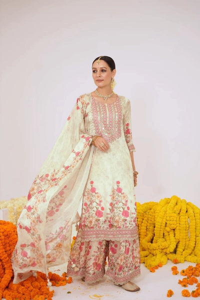 Wonen's Chinon Floral Print Embroidered Kurta Sharara & Dupatta Set 