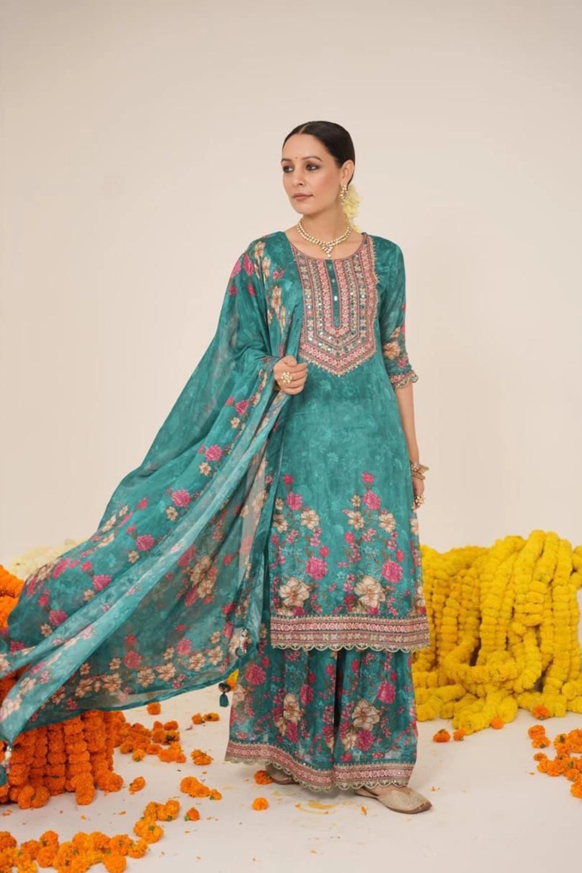 Wonen's Green Floral Print Embroidered Kurta Sharara & Dupatta Set 