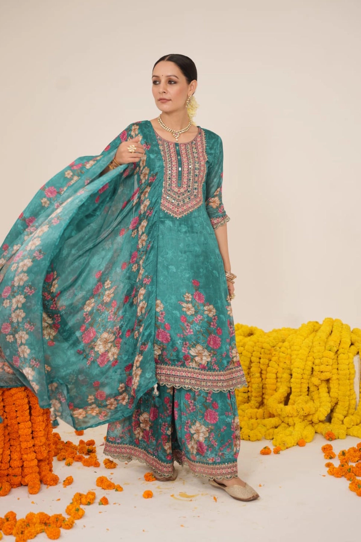 Wonen's Green Floral Print Embroidered Kurta Sharara & Dupatta Set 