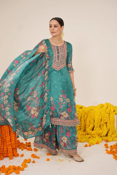 Wonen's Green Floral Print Embroidered Kurta Sharara & Dupatta Set Wonen's Green Floral Print Embroidered Kurta Sharara & Dupatta Set 