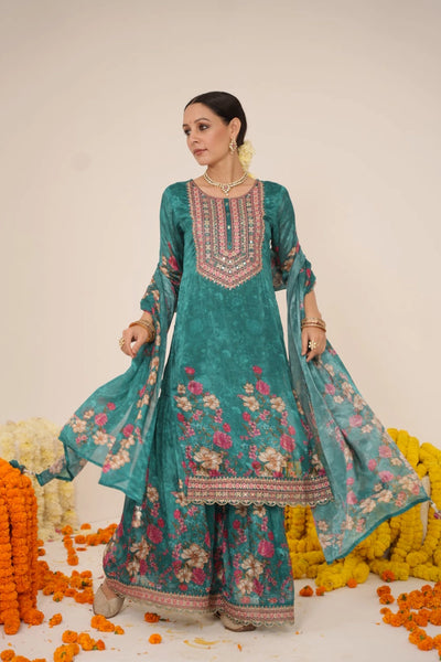 Wonen's Green Floral Print Embroidered Kurta Sharara & Dupatta Set 