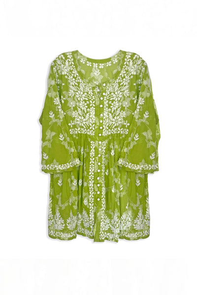 Green Chikankari Kurti – Hand Embroidered Mulmul Cotton