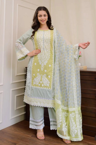 Buy Light Blue Cotton Embroidered Pant Style Kurta Set at PinkPhulkari
